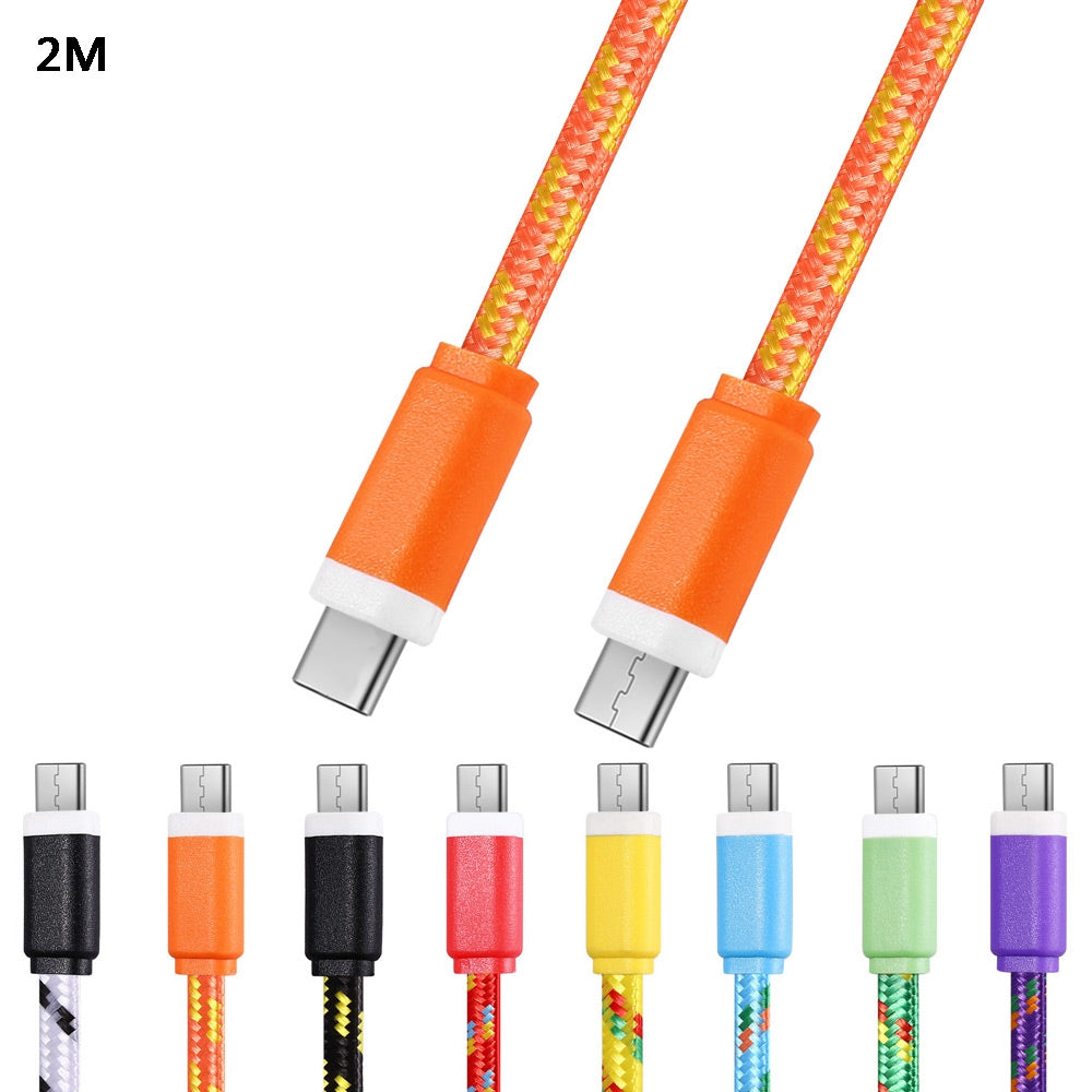 2M Type C to Type C Colorful Nylon Braided Type-C Transfer Data Sync Cable Charging Cord Line