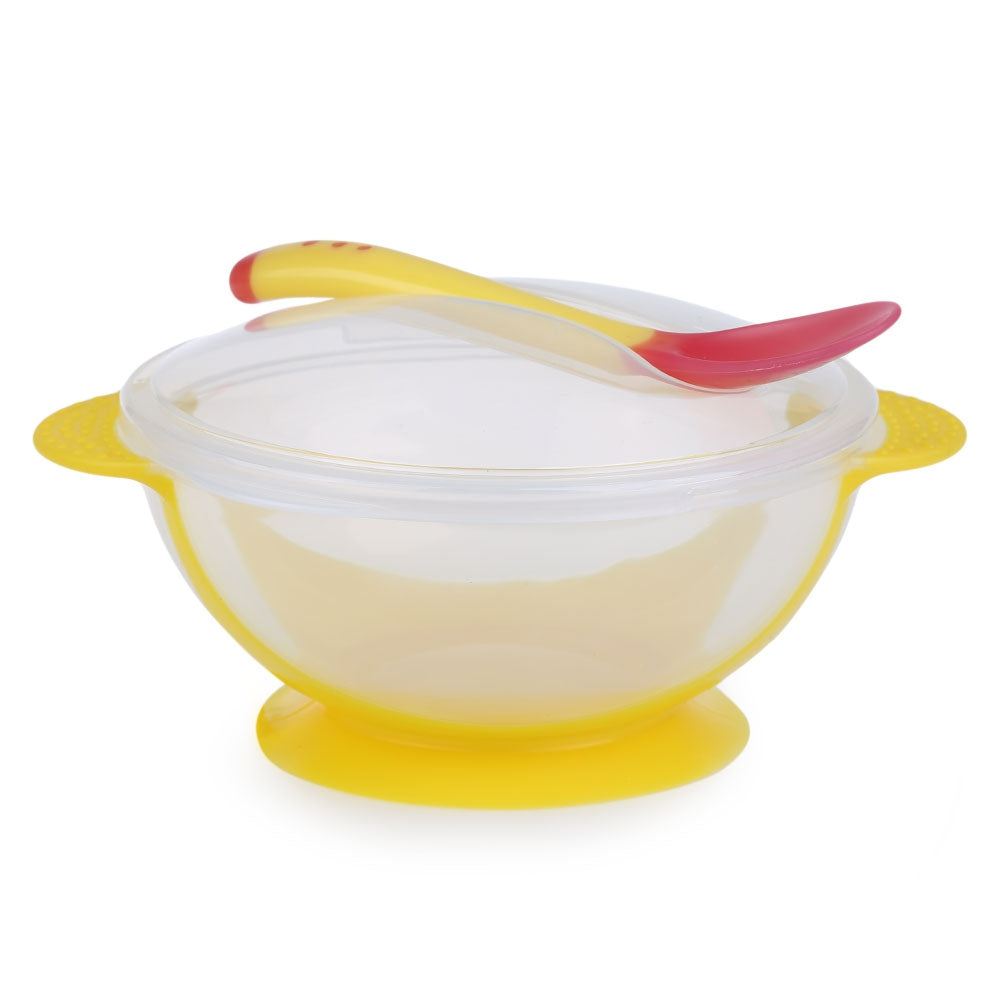 2pcs Bright Color Bowl with Suction Cup Assist Transparent Cover Temperature Sensing Spoon for B...