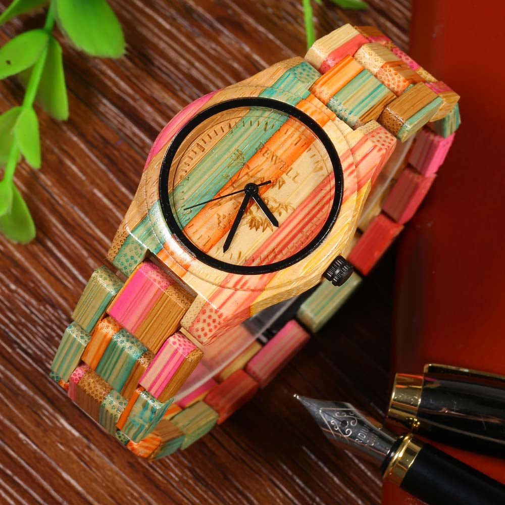 BEWELL Female Quartz Watch Colorful Bamboo Made