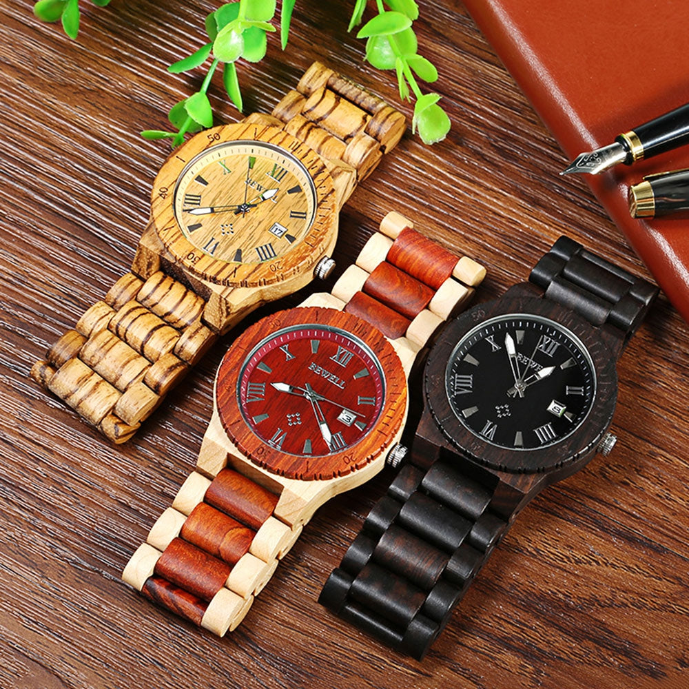 Bewell ZS - W109B Wood Men Watch Luminous Pointer Wooden Band Date Wristwatch