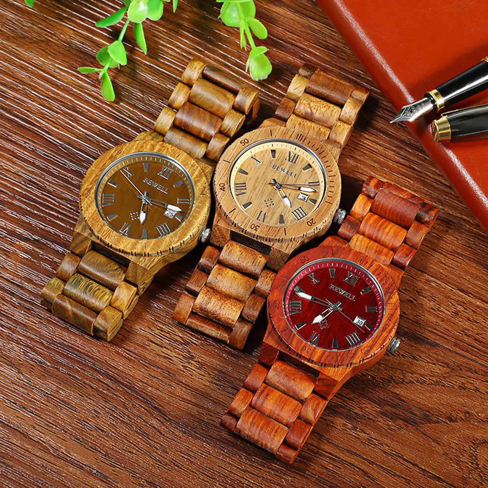 Bewell ZS - W109B Wood Men Watch Luminous Pointer Wooden Band Date Wristwatch