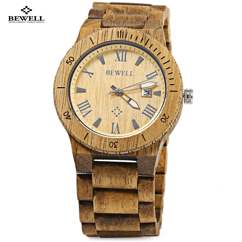 Bewell ZS - W109B Wood Men Watch Luminous Pointer Wooden Band Date Wristwatch