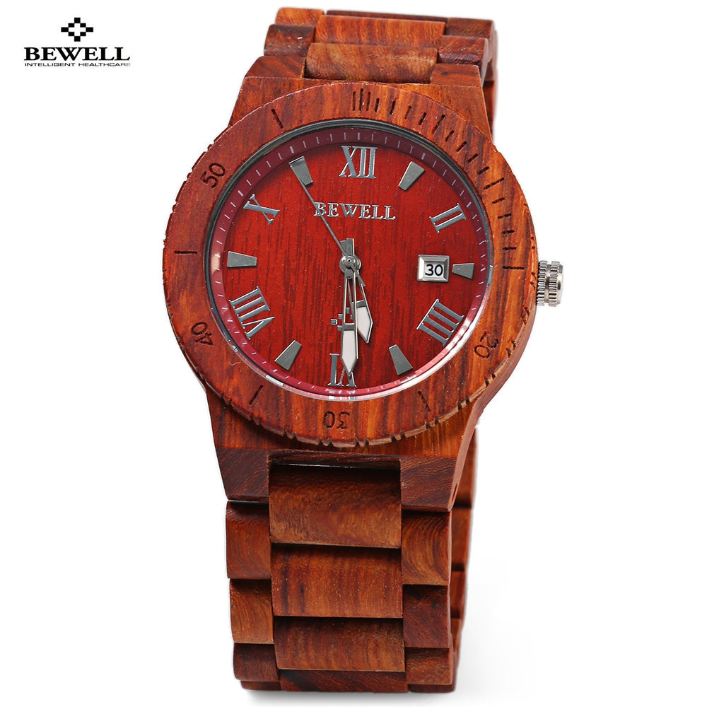 Bewell ZS - W109B Wood Men Watch Luminous Pointer Wooden Band Date Wristwatch