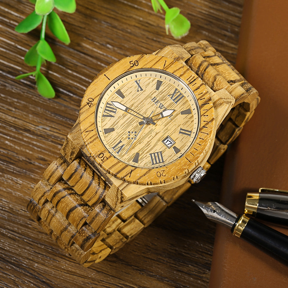 Bewell ZS - W109B Wood Men Watch Luminous Pointer Wooden Band Date Wristwatch