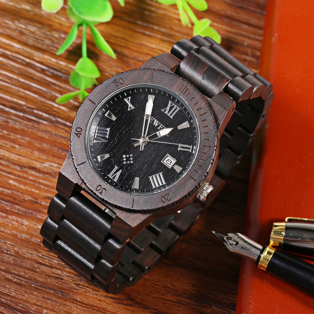 Bewell ZS - W109B Wood Men Watch Luminous Pointer Wooden Band Date Wristwatch