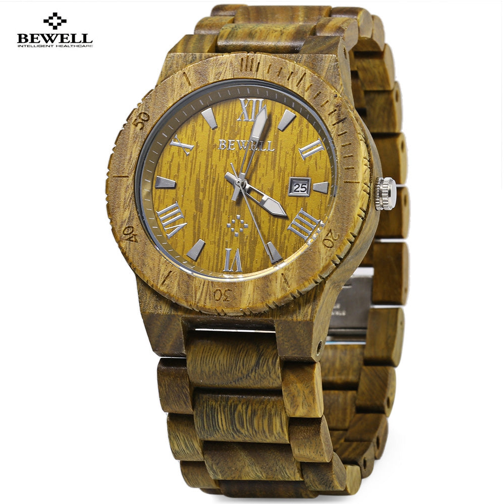 Bewell ZS - W109B Wood Men Watch Luminous Pointer Wooden Band Date Wristwatch