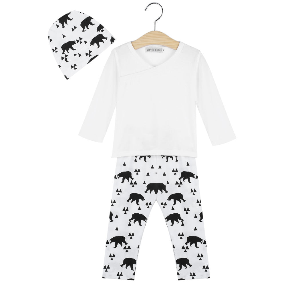 3pcs Casual V-Collar Long Sleeve Geometric Pattern Bear Printed Babies T-Shirt Long Pants  with Hat