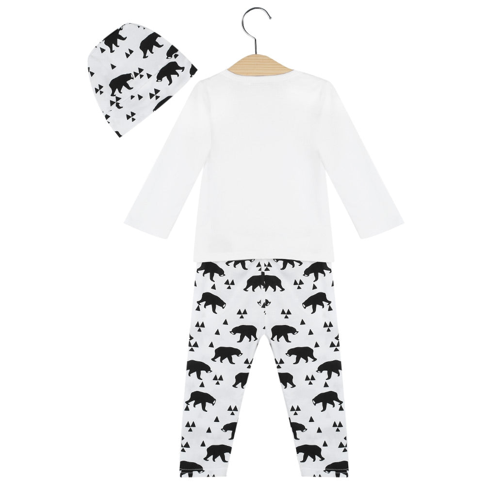 3pcs Casual V-Collar Long Sleeve Geometric Pattern Bear Printed Babies T-Shirt Long Pants  with Hat