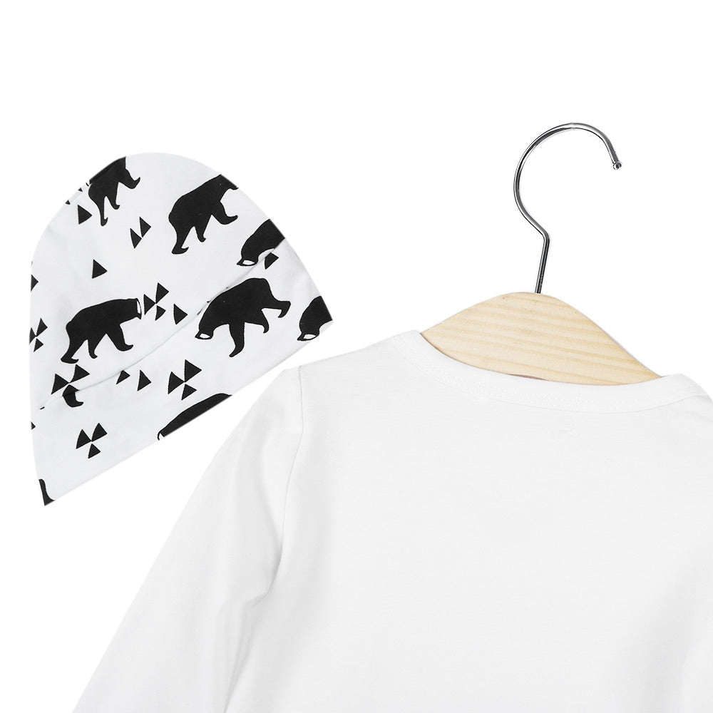 3pcs Casual V-Collar Long Sleeve Geometric Pattern Bear Printed Babies T-Shirt Long Pants  with Hat