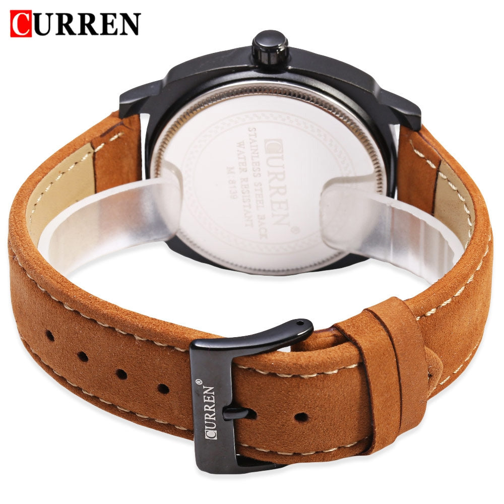 CURREN 8139 Unisex Quartz Watch 1 Arabic Number and Trapezoids Indicate Leather Band Wristwatch