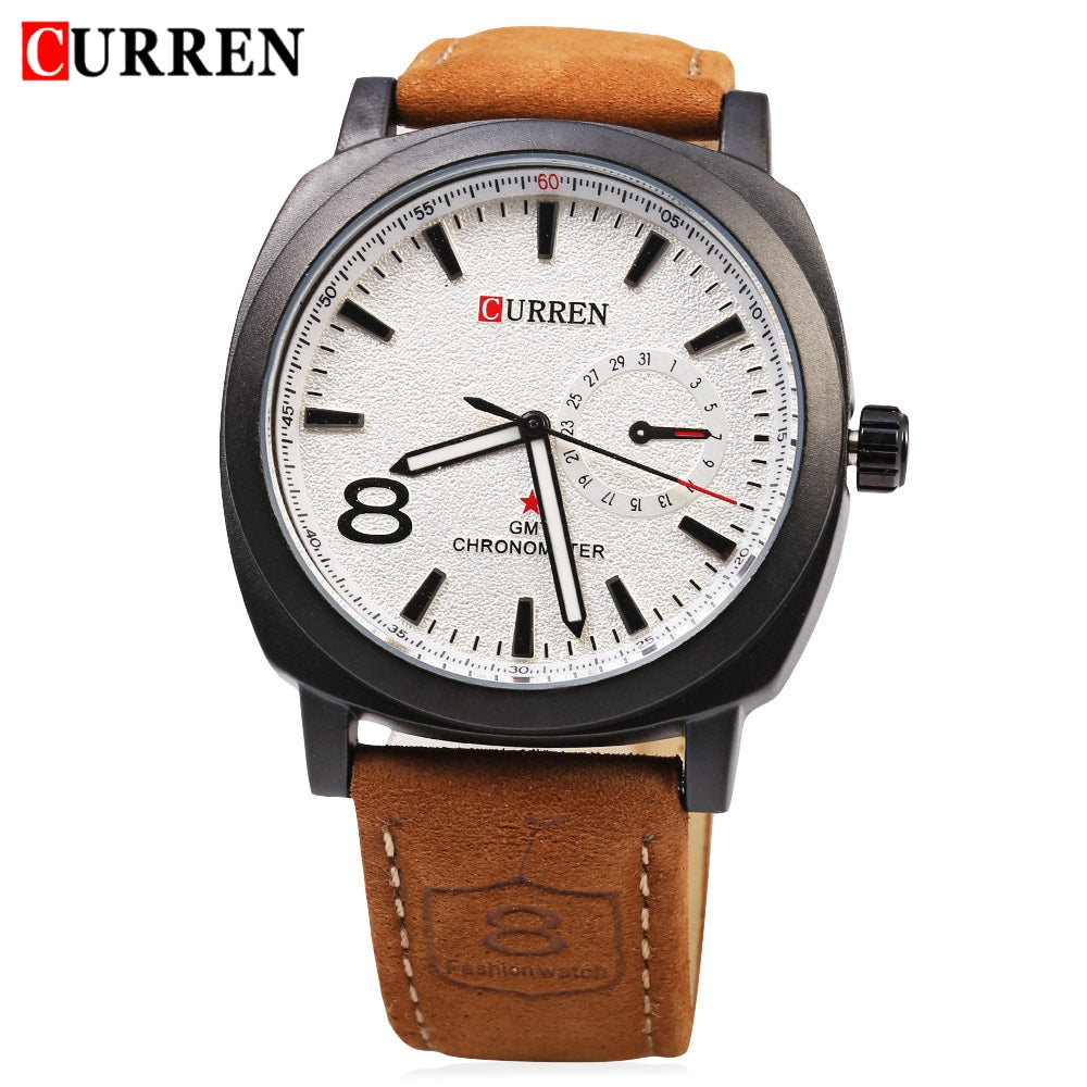 CURREN 8139 Unisex Quartz Watch 1 Arabic Number and Trapezoids Indicate Leather Band Wristwatch