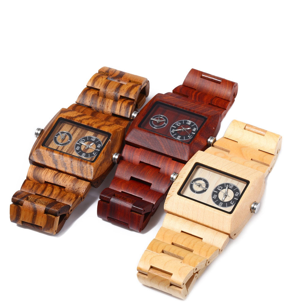 BEWELL ZS - W021C Men Quartz Watch Rectangle Dial Working Sub-dial Wooden Wristwatch