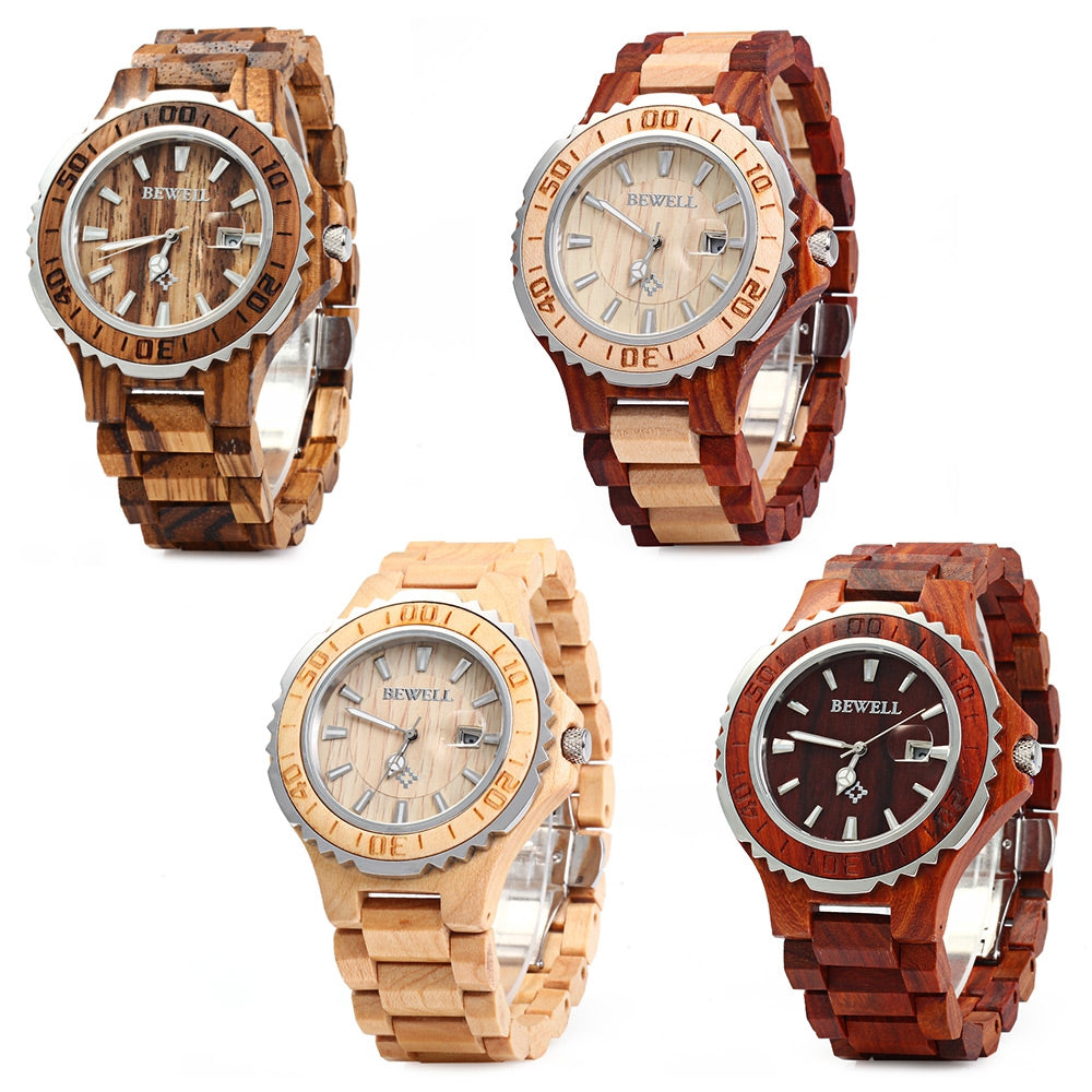 BEWELL ZS-100BG Metal Case Wood Men Quartz Watch with Metal Case 30M Water Resistance