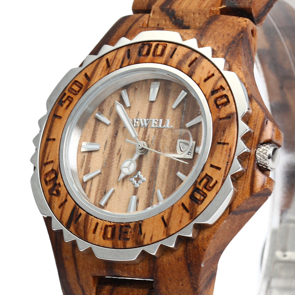 BEWELL ZS-100BL Metal Case Wooden Women Quartz Watch with 30M Water Resistance