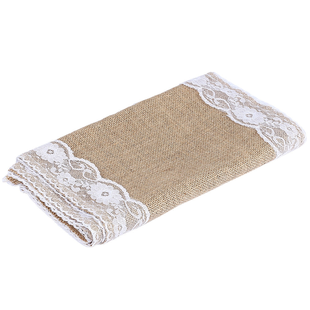 12 x 108 Inches White Burlap Lace Hessian Natural Jute Table Runner for Wedding Party Table Deco...