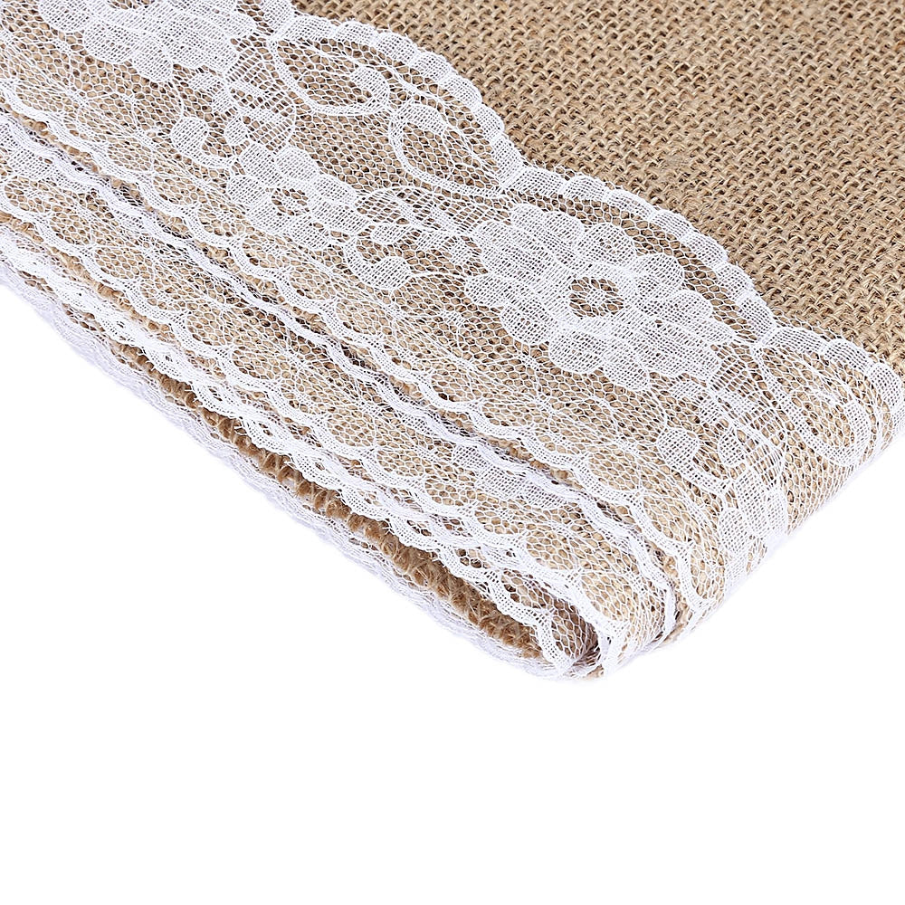 12 x 108 Inches White Burlap Lace Hessian Natural Jute Table Runner for Wedding Party Table Deco...