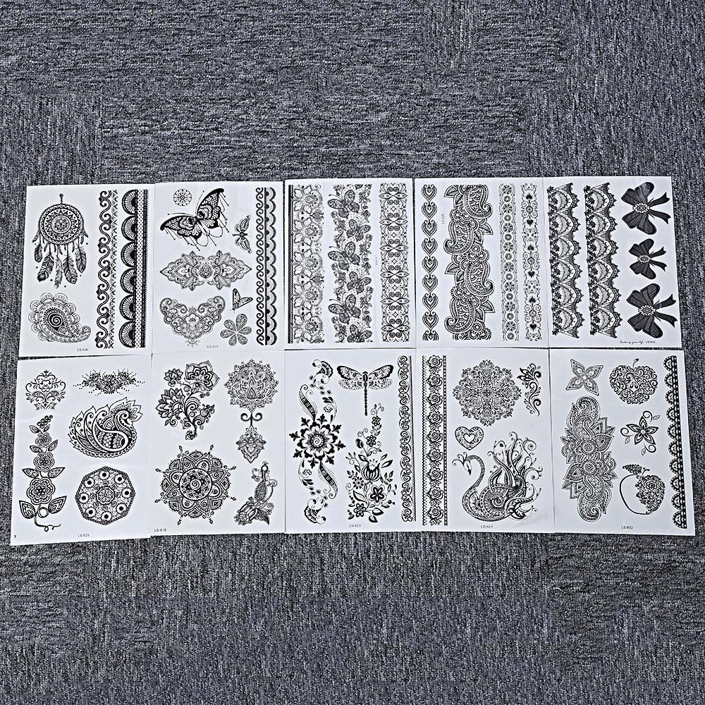 Black Tattoo Sticker Temporary Flower Lace Metal Pattern Inspired Body Art