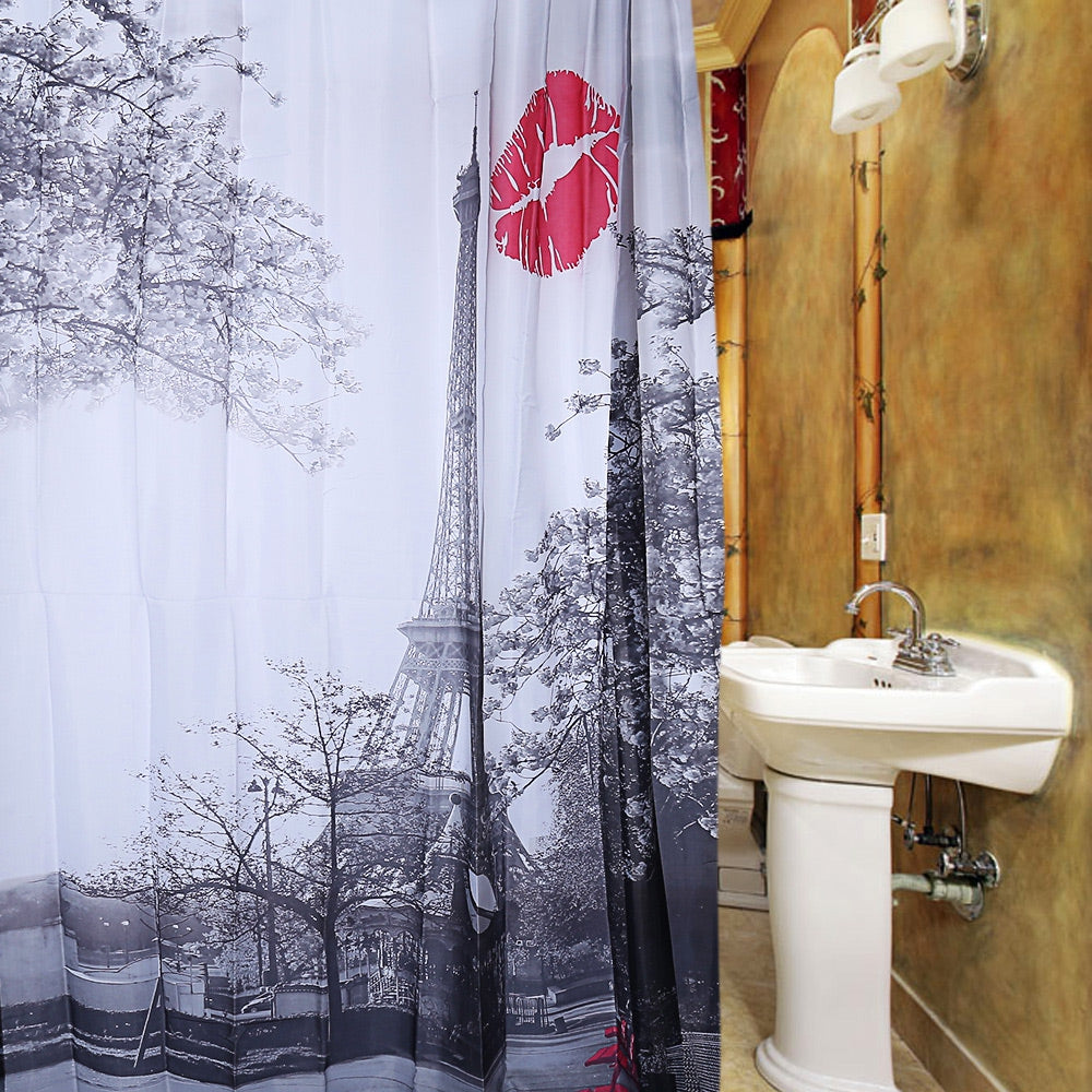 Cityscape Grey Paris Eiffel Tower Red Lip Design Pattern Waterproof Polyester Bath Curtain with ...