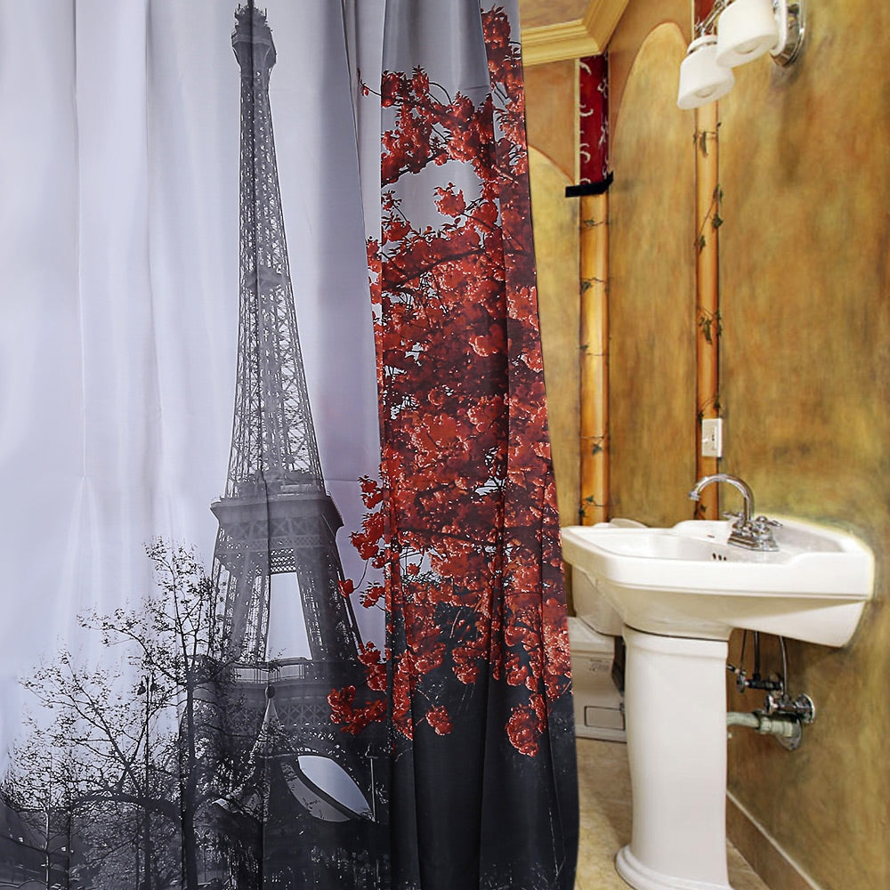 Cityscape Grey Paris Eiffel Tower Red Maple Design Pattern Waterproof Polyester Bath Curtain wit...