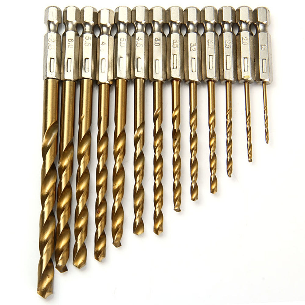 13PCS 1.5mm - 6.5mm Titanium Coated HSS Drill Bit Set 0.25 inch Hex Shank