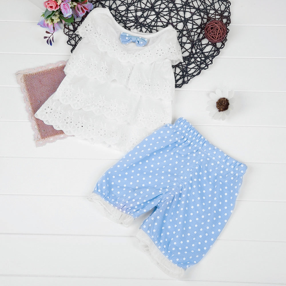 2pcs Cute Babies Cotton Round Neck Tops Polka Dot Shorts