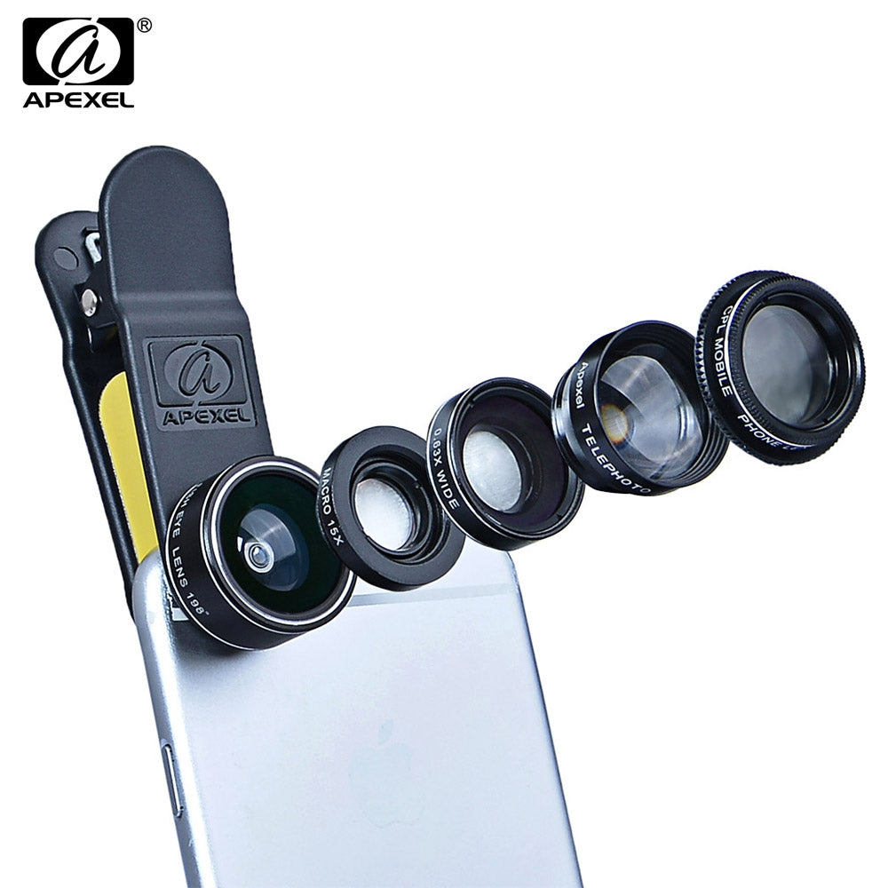 APEXEL APL - DG5 5 in 1 Camera Phone Lens Kit 198 Degree Fisheye 0.65X Wide Angle 15X Macro 2X T...