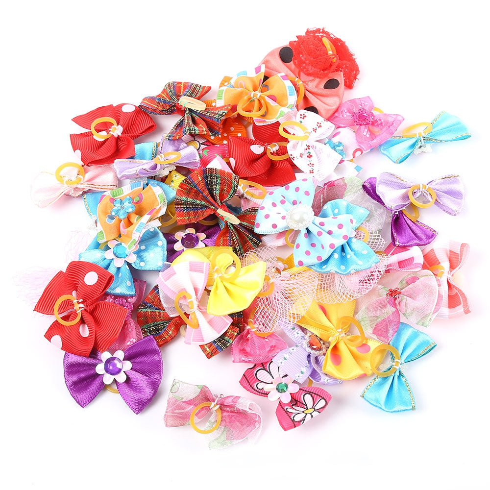 50pcs Mixed Colors Cute Pet Headwear Bow Butterfly Knots Rubber Band