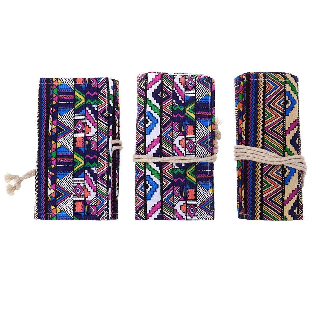 36 Slots Geometric Pattern Canvas Roll Up Pencil Bag