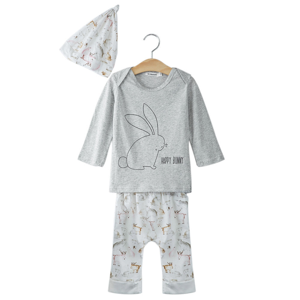3pcs Cute Bunny Printed Jewel Collar Long Sleeve T-Shirt Long Pants with Hat for Babies