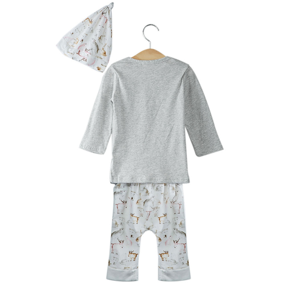 3pcs Cute Bunny Printed Jewel Collar Long Sleeve T-Shirt Long Pants with Hat for Babies