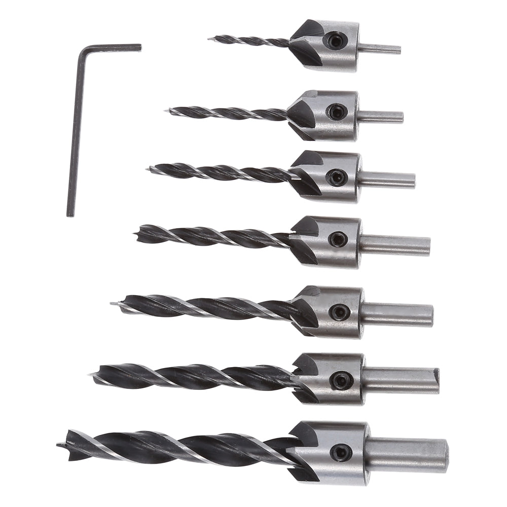 7pcs 3 - 10mm 5 Flute Countersink Drill Bit HSS Reamer Woodworking Chamfer With Hex Wrench