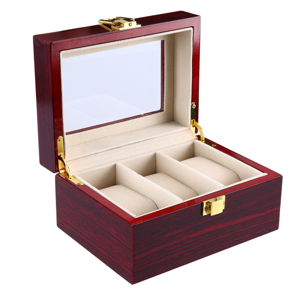3 Grids Wooden Watch Case Flipping Transparent Cover Jewelry Box Organizer