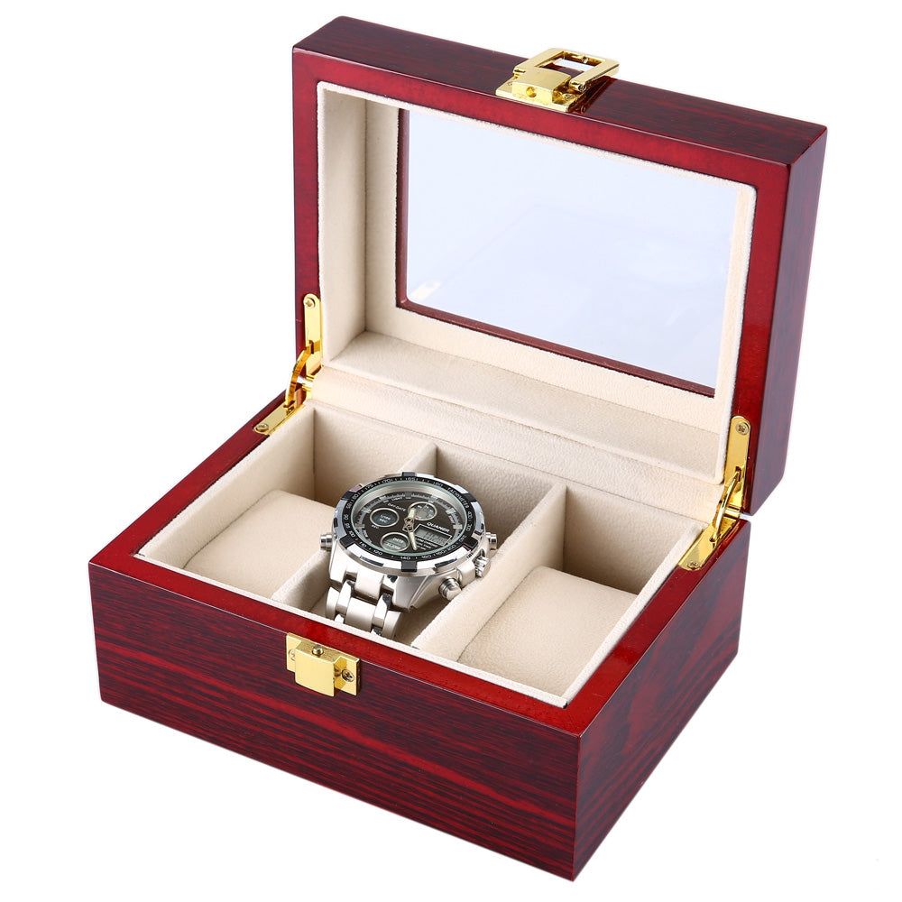 3 Grids Wooden Watch Case Flipping Transparent Cover Jewelry Box Organizer