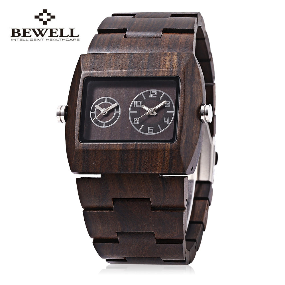 BEWELL ZS - W021C Men Quartz Watch Rectangle Dial Working Sub-dial Wooden Wristwatch