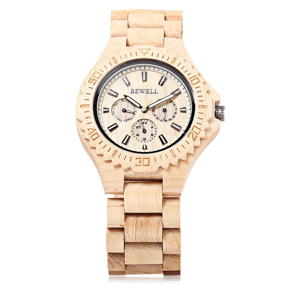 BEWELL 116B Men Quartz Watch Date Day 24 Hours Display Luminous Wooden Wristwatch