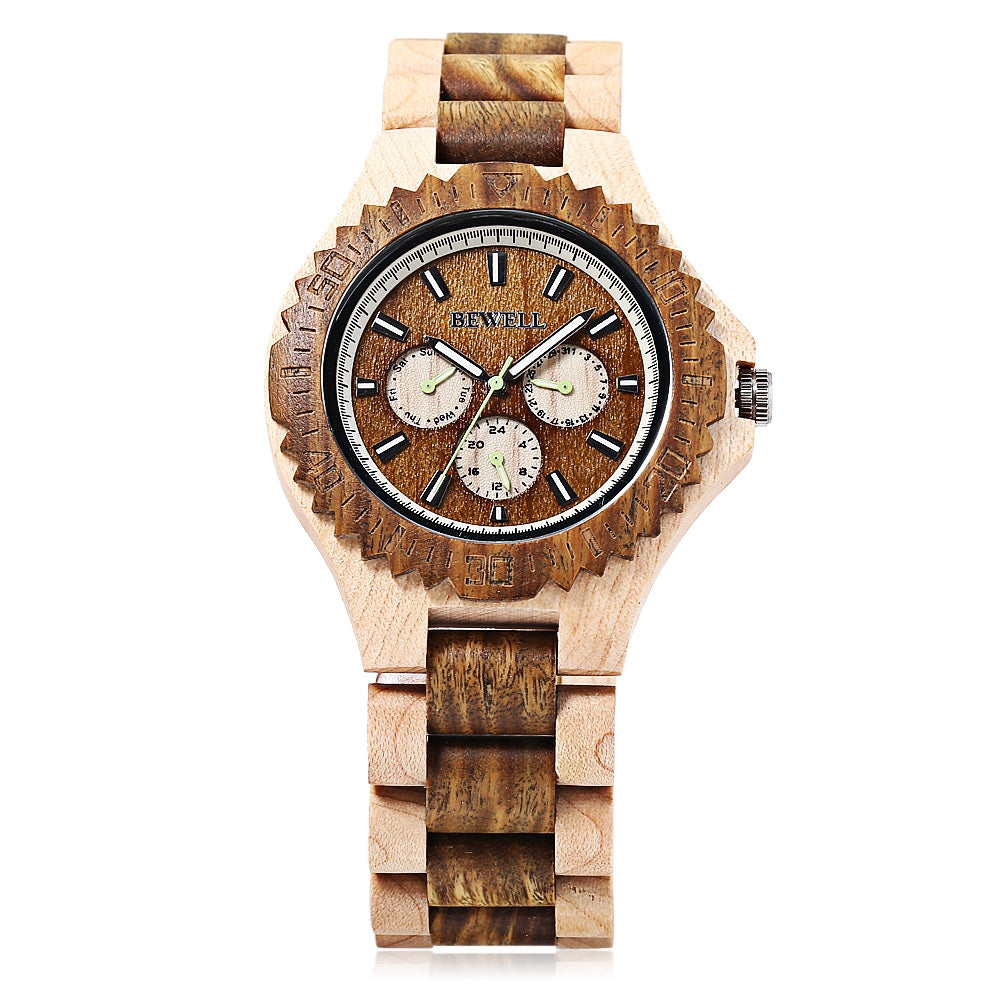 BEWELL 116B Men Quartz Watch Date Day 24 Hours Display Luminous Wooden Wristwatch