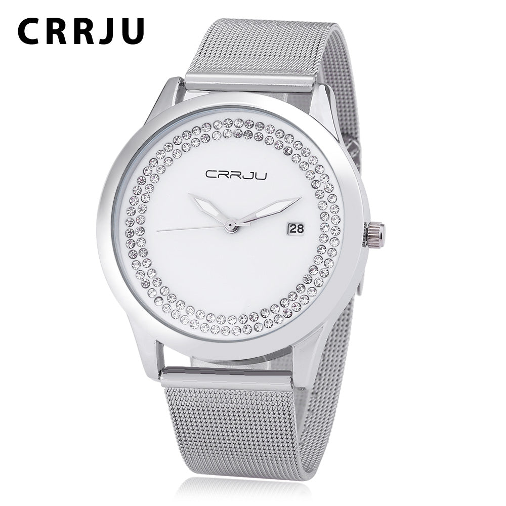 CRRJU 2102 Female Quartz Watch Artificial Crystal Dial Date Display Stainless Steel Mesh Band Wr...