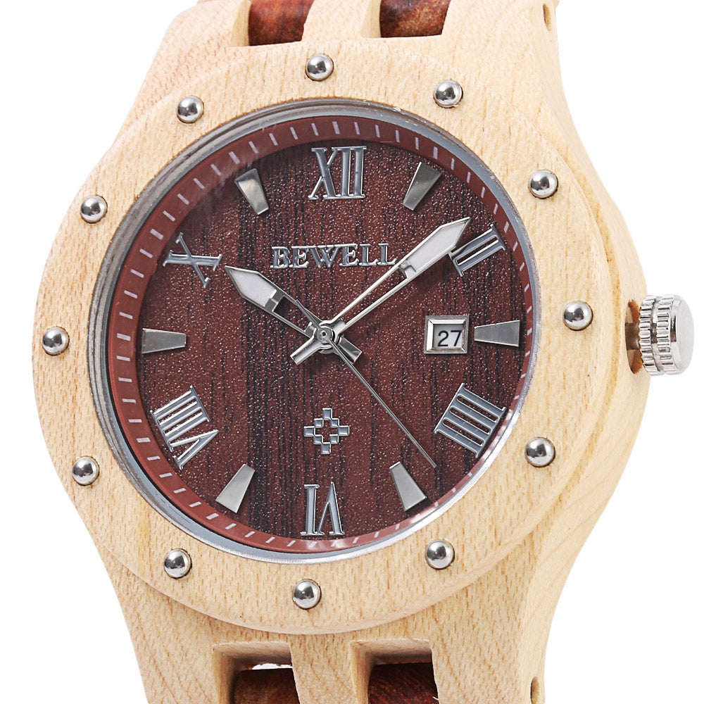 Bewell ZS - W109A Men Wooden Watch Quartz Movement Round Dial Wristwatch