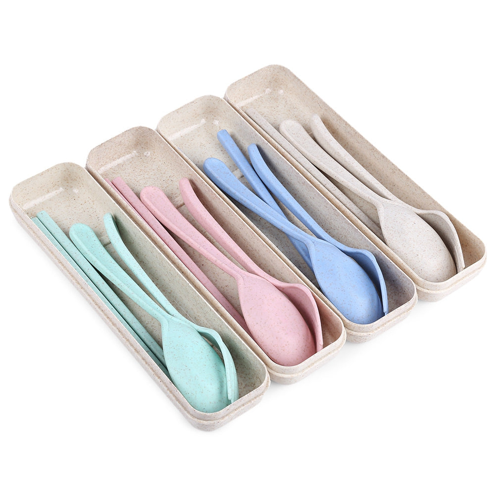 3pcs Environmentally Friendly Wheat Straw Chopsticks Spoon Fork Storage Set Portable for Travel ...