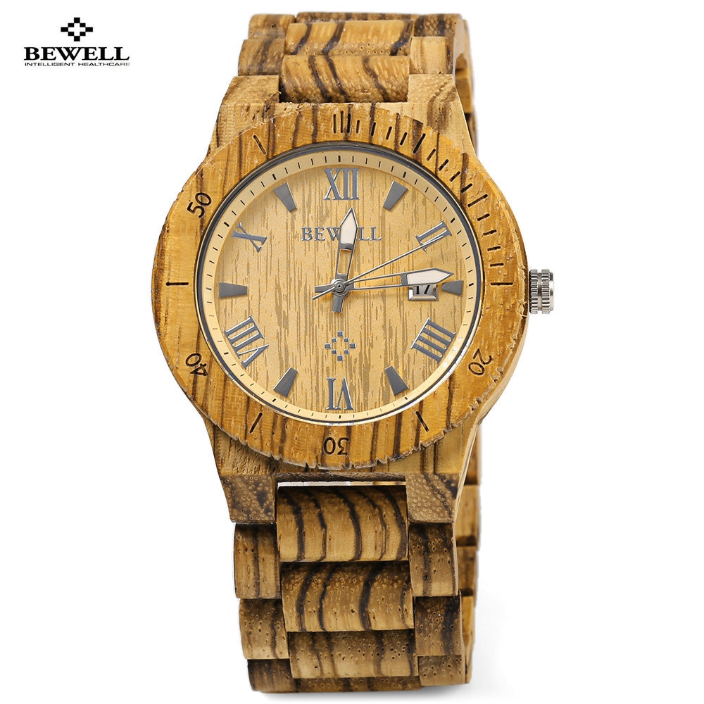 Bewell ZS - W109B Wood Men Watch Luminous Pointer Wooden Band Date Wristwatch