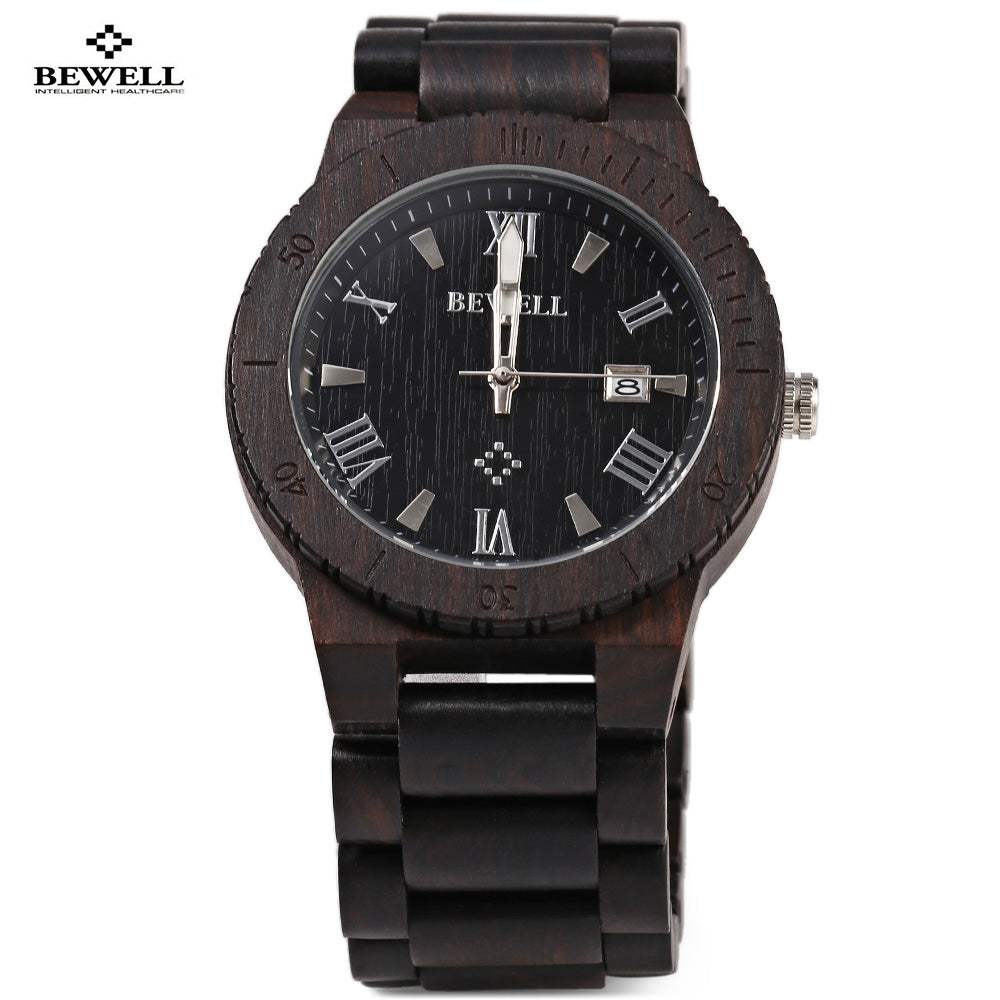 Bewell ZS - W109B Wood Men Watch Luminous Pointer Wooden Band Date Wristwatch