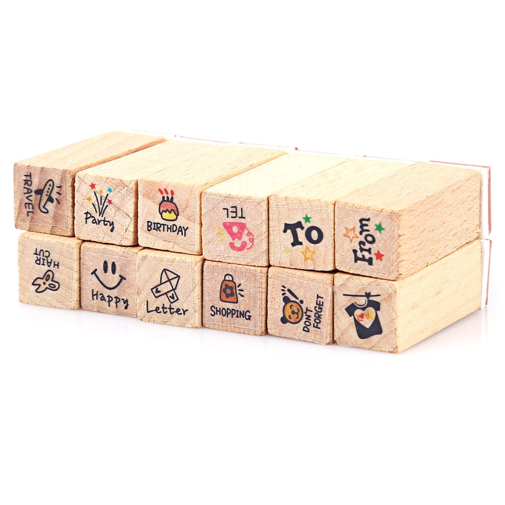 12pcs Multipurpose DIY Cute Cartoon Wood Diary Rubber Stamp Scrapbook Decoration