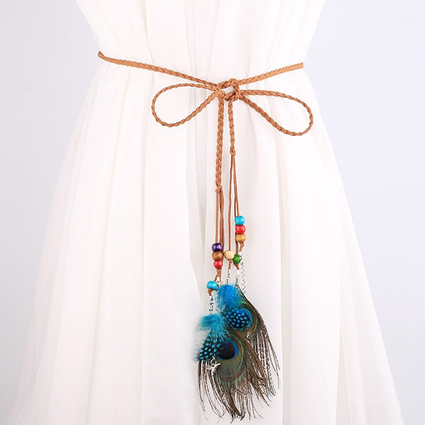 Bohemia Peacock Feather Pendant Waist Rope