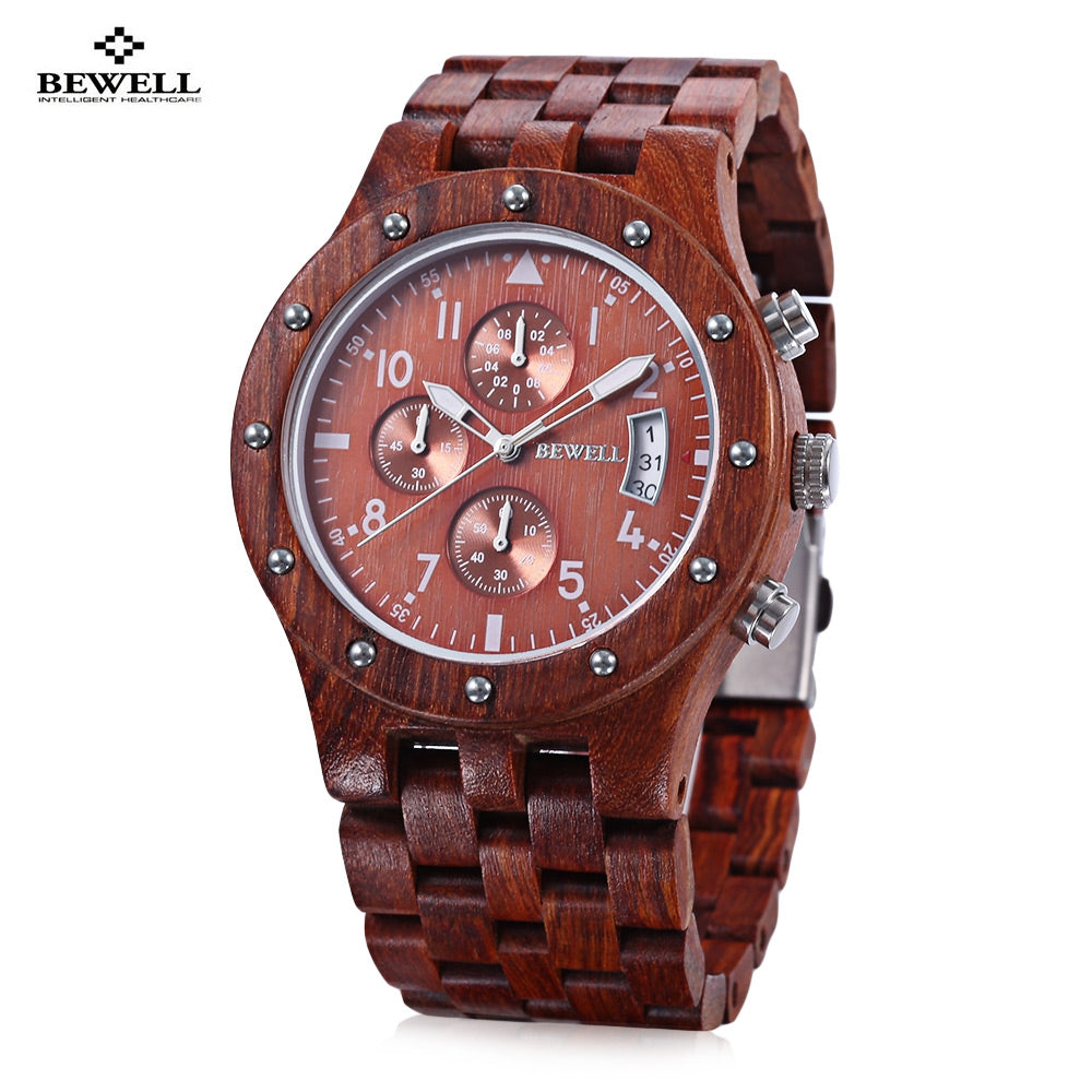 BEWELL ZS - W109D Male Wooden Quartz Watch Japan Movt Working Sub-dial Date Display Wristwatch