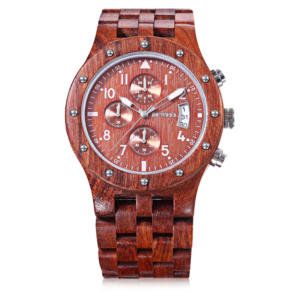 BEWELL ZS - W109D Male Wooden Quartz Watch Japan Movt Working Sub-dial Date Display Wristwatch
