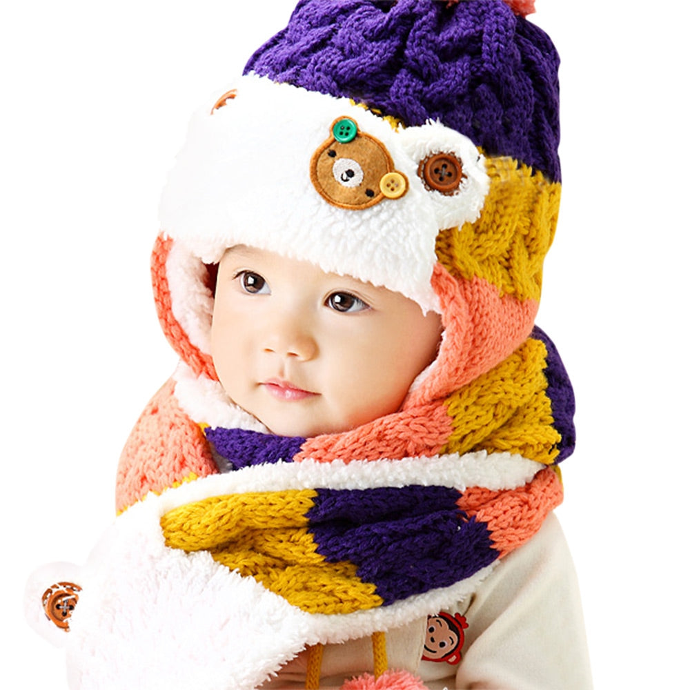 Adorable Bear Patchwork Pom-Pom with Scarf for Children