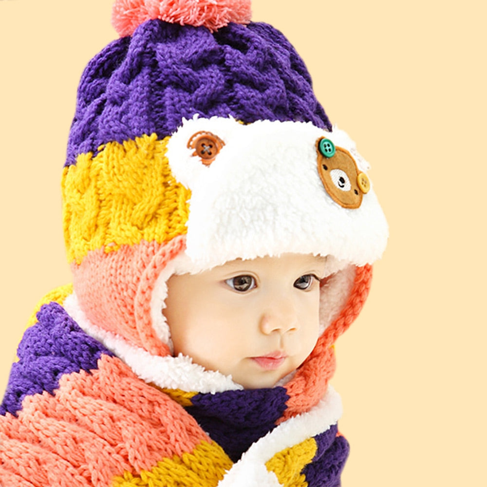 Adorable Bear Patchwork Pom-Pom with Scarf for Children