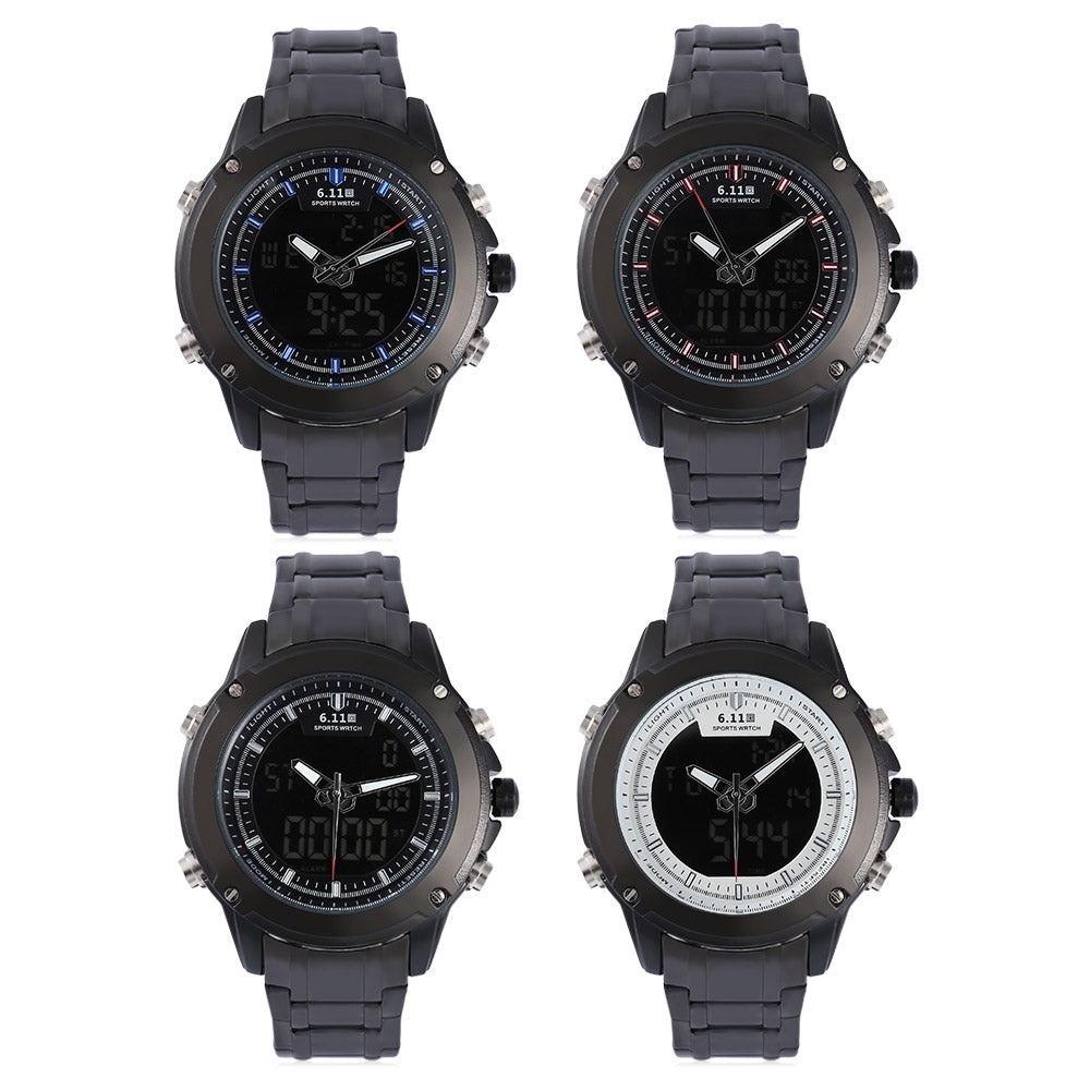 6.11 5885 Dual Movt Men Sports Watch Date Day Display Backlight Stopwatch Alarm 3ATM Wristwatch