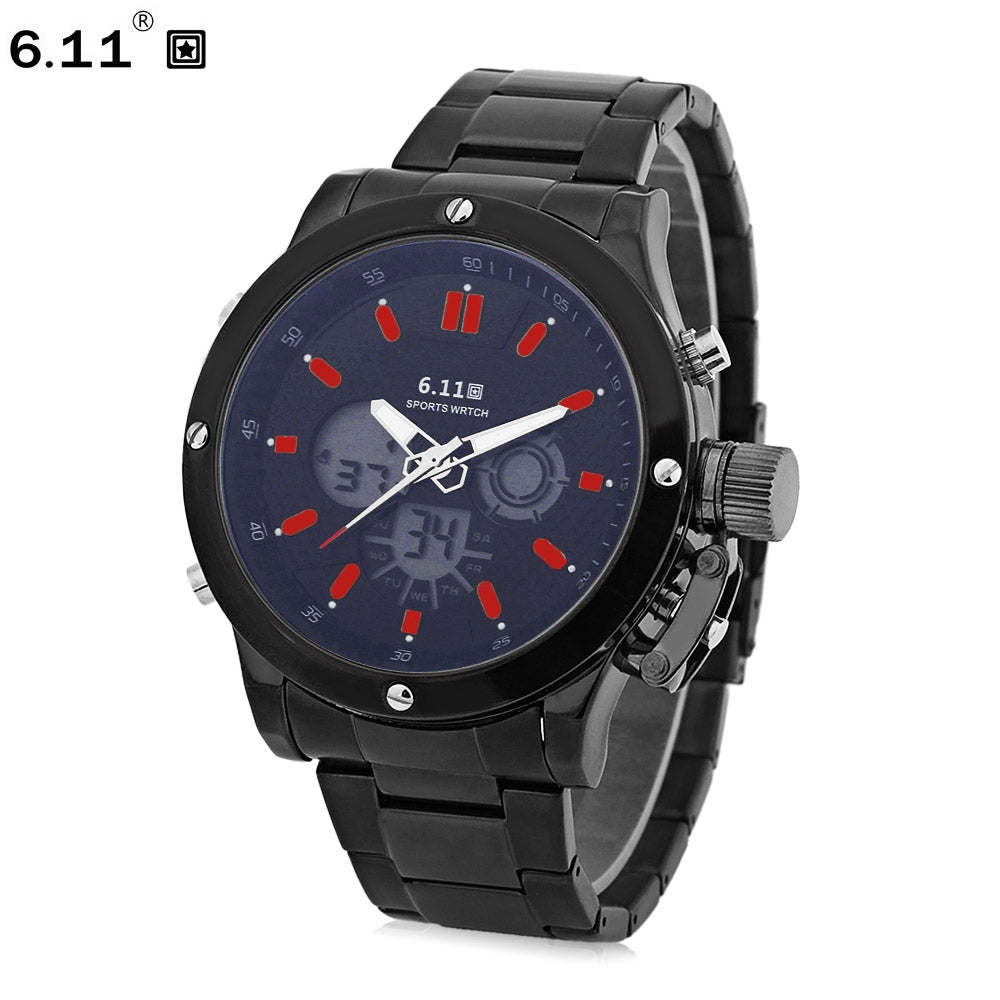 6.11 2417 Double Movt Men Sports Watch Day Display Backlight Stopwatch Alarm 3ATM Wristwatch