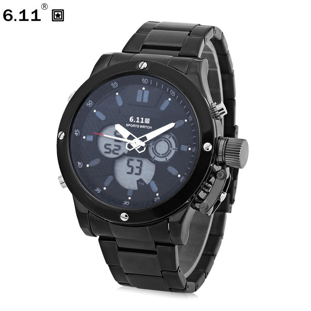 6.11 2417 Double Movt Men Sports Watch Day Display Backlight Stopwatch Alarm 3ATM Wristwatch